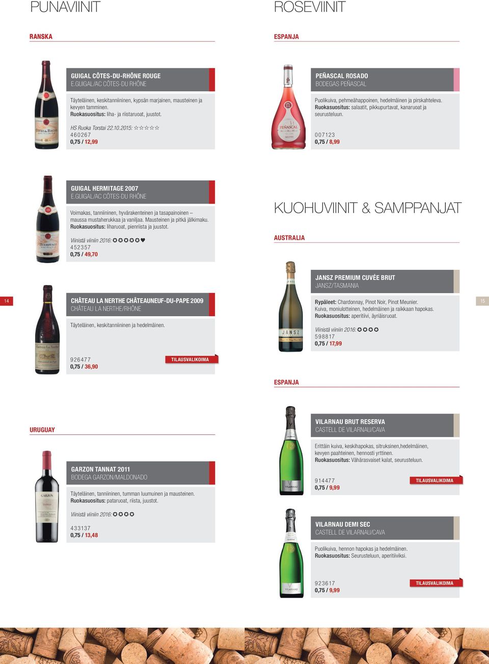 Ruokasuositus: salaatit, pikkupurtavat, kanaruoat ja seurusteluun. 007123 0,75 / 8,99 GUIGAL HERMITAGE 2007 E.