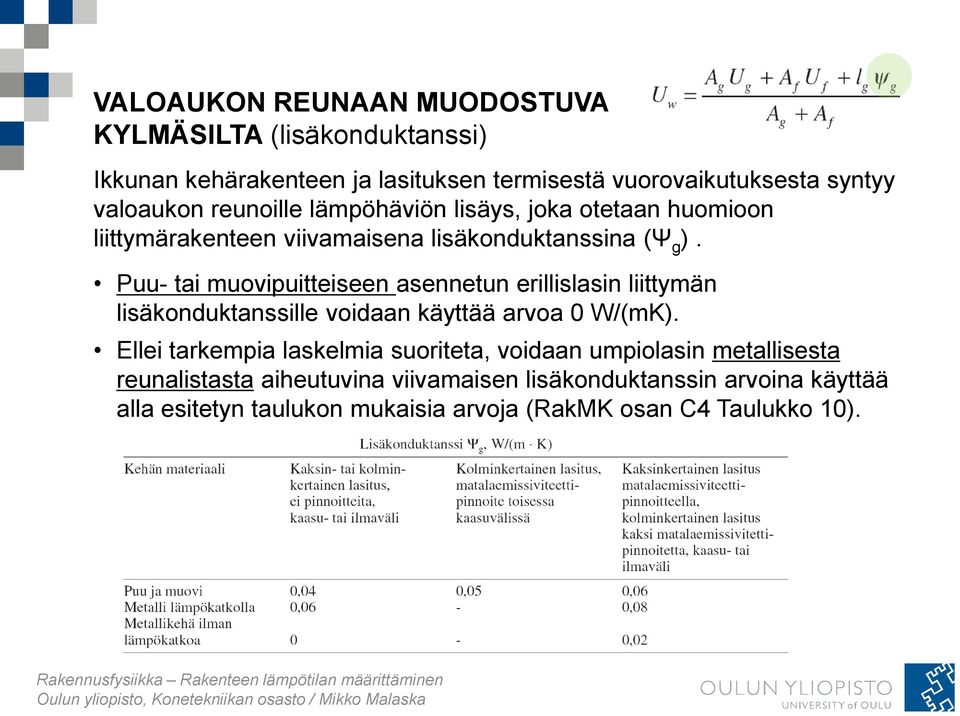 Puu- tai muovipuitteiseen asennetun erillislasin liittymän lisäkonduktanssille voidaan käyttää arvoa 0 W/(mK).
