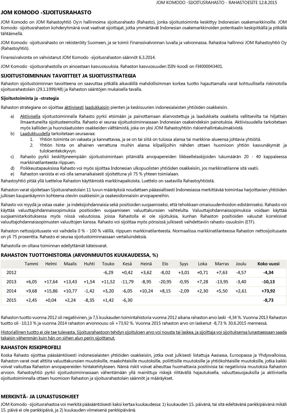 JOM Komodo -sijoitusrahaston kohderyhmänä ovat vaativat sijoittajat, jotka ymmärtävät Indonesian osakemarkkinoiden potentiaalin keskipitkällä ja pitkällä tähtäimellä.