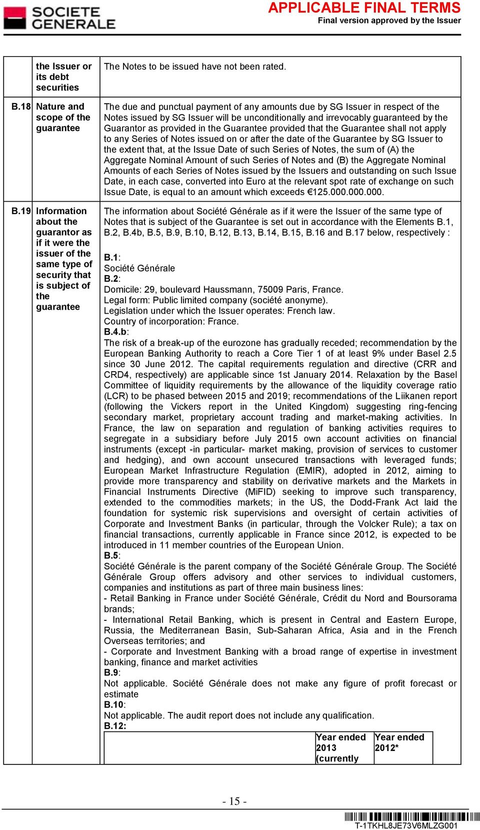 The due and punctual payment of any amounts due by SG Issuer in respect of the Notes issued by SG Issuer will be unconditionally and irrevocably guaranteed by the Guarantor as provided in the