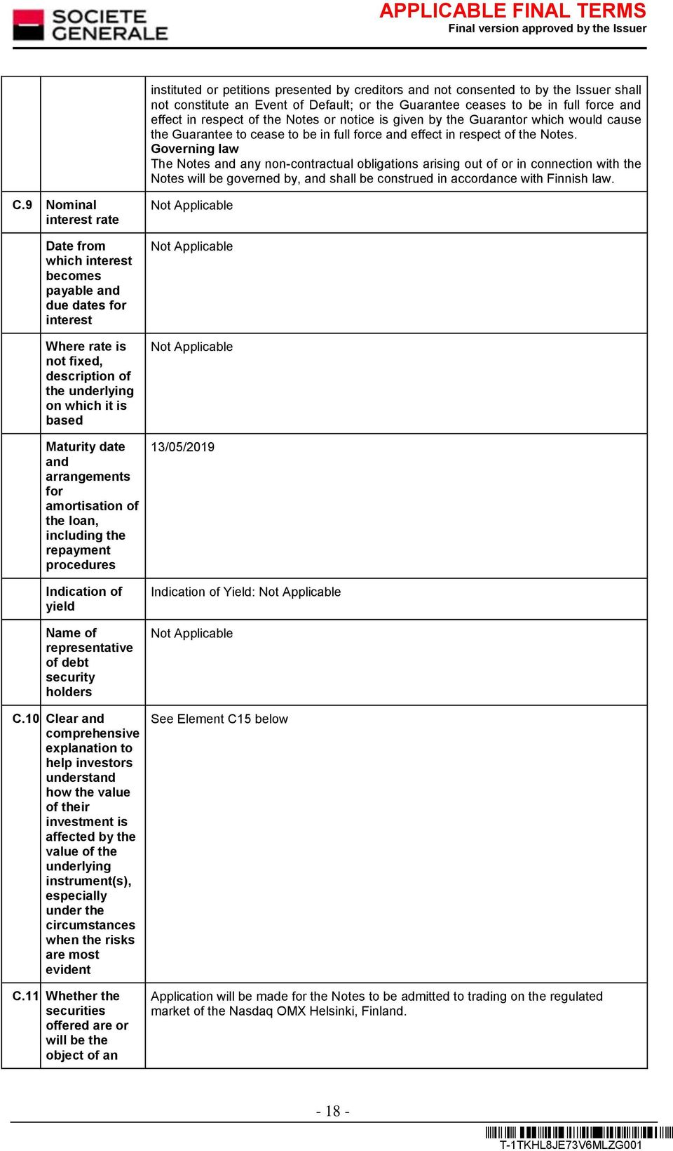 Governing law The Notes and any non-contractual obligations arising out of or in connection with the Notes will be governed by, and shall be construed in accordance with Finnish law. C.