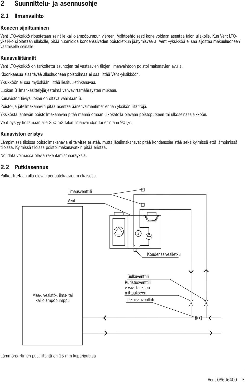 Kanavaliitännät Vent LTO-yksikkö on tarkoitettu asuntojen tai vastaavien tilojen ilmanvaihtoon poistoilmakanavien avulla.