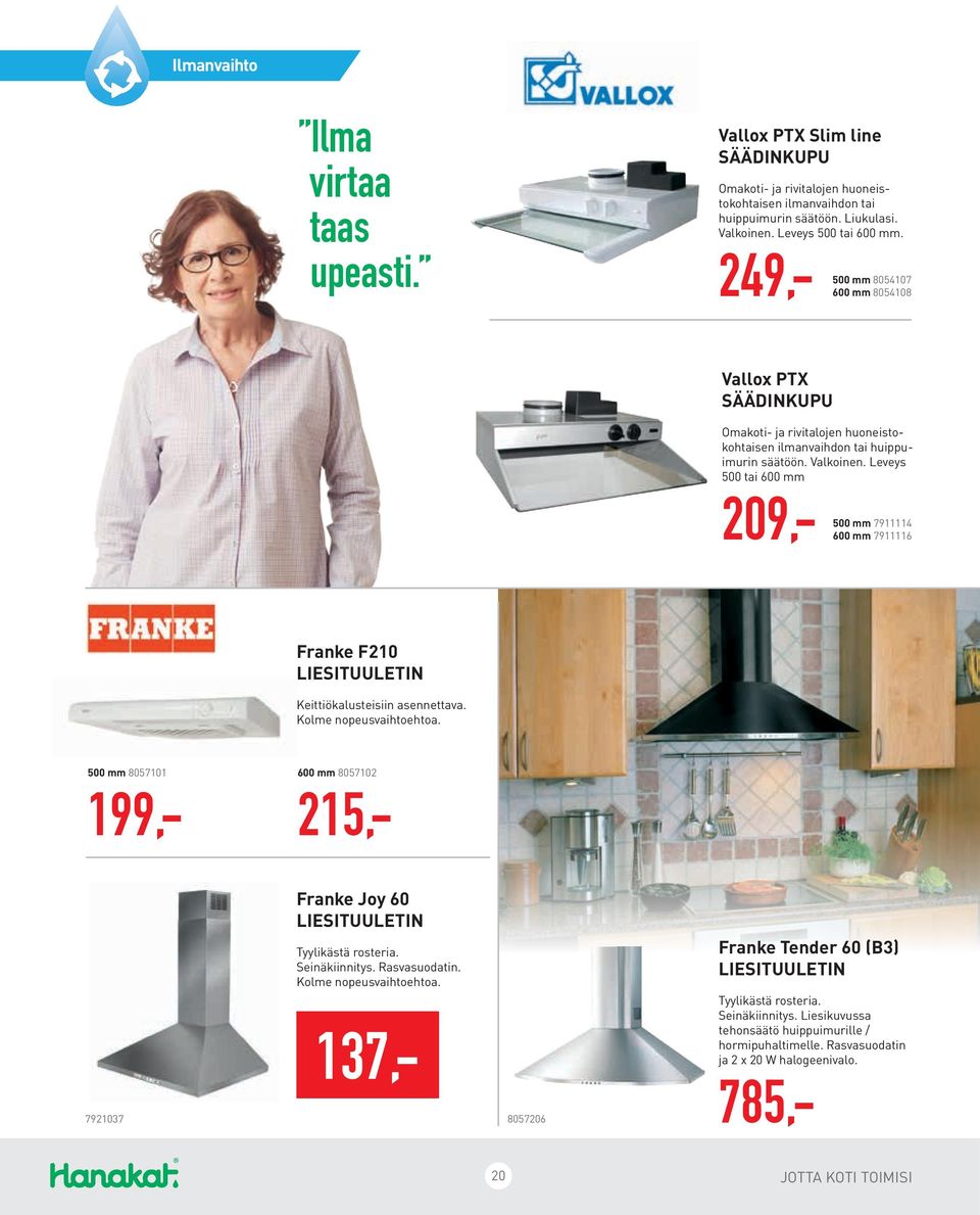 Leveys 500 tai 600 mm 209,- 500 mm 7911114 600 mm 7911116 Franke F210 LIESITUULETIN Keittiökalusteisiin asennettava. Kolme nopeusvaihtoehtoa.