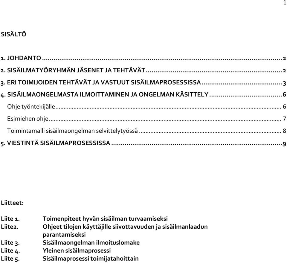 .. 8 5. VIESTINTÄ SISÄILMAPROSESSISSA... 9 Liitteet: Liite 1. Liite2. Liite 3. Liite 4. Liite 5.