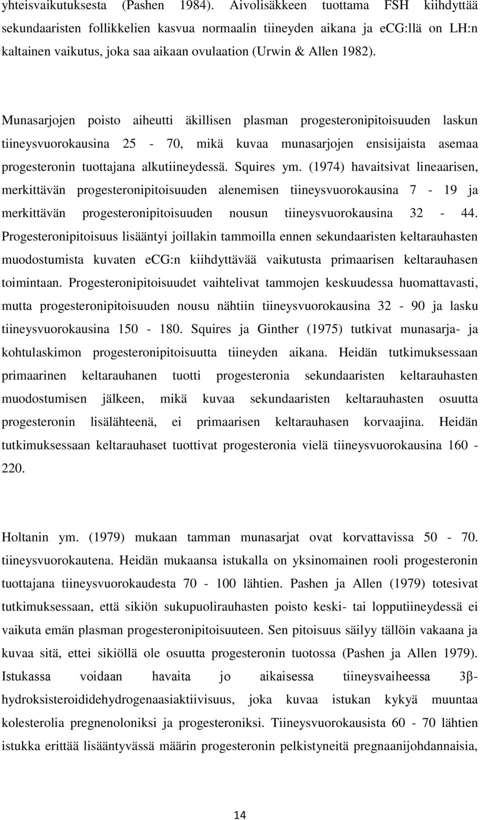 Munasarjojen poisto aiheutti äkillisen plasman progesteronipitoisuuden laskun tiineysvuorokausina 25-70, mikä kuvaa munasarjojen ensisijaista asemaa progesteronin tuottajana alkutiineydessä.