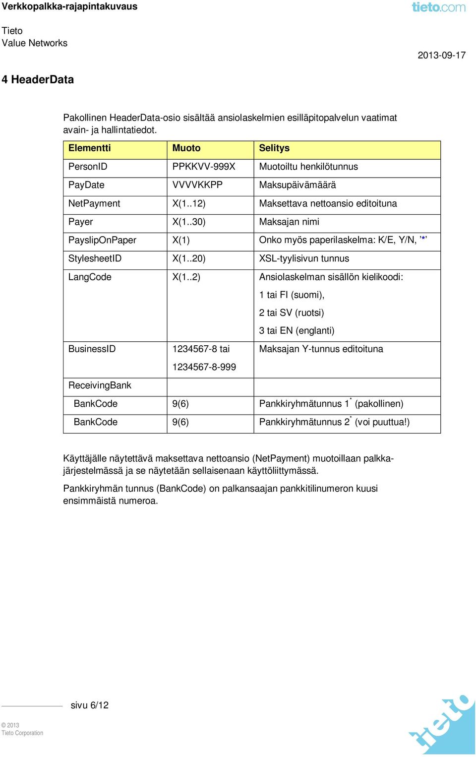 .30) Maksajan nimi PayslipOnPaper X(1) Onko myös paperilaskelma: K/E, Y/N, * StylesheetID X(1..20) XSL-tyylisivun tunnus LangCode X(1.