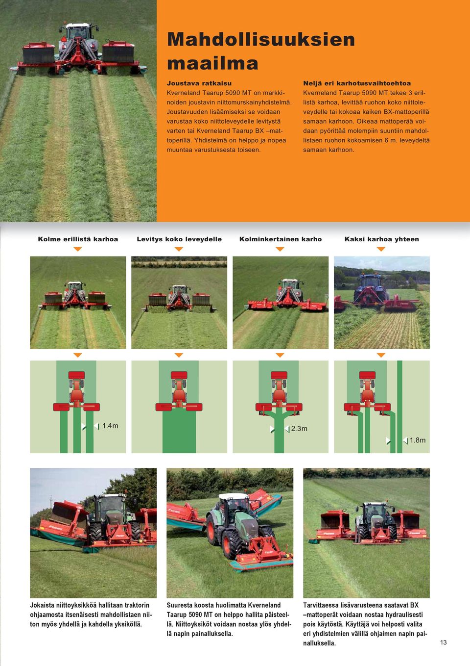 Neljä eri karhotusvaihtoehtoa Kverneland Taarup 5090 MT tekee 3 erillistä karhoa, levittää ruohon koko niittoleveydelle tai kokoaa kaiken BX-mattoperillä samaan karhoon.