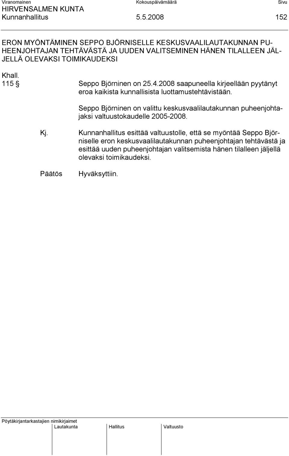 TOIMIKAUDEKSI Khall. 115 Seppo Björninen on 25.4.2008 saapuneella kirjeellään pyytänyt eroa kaikista kunnallisista luottamustehtävistään.