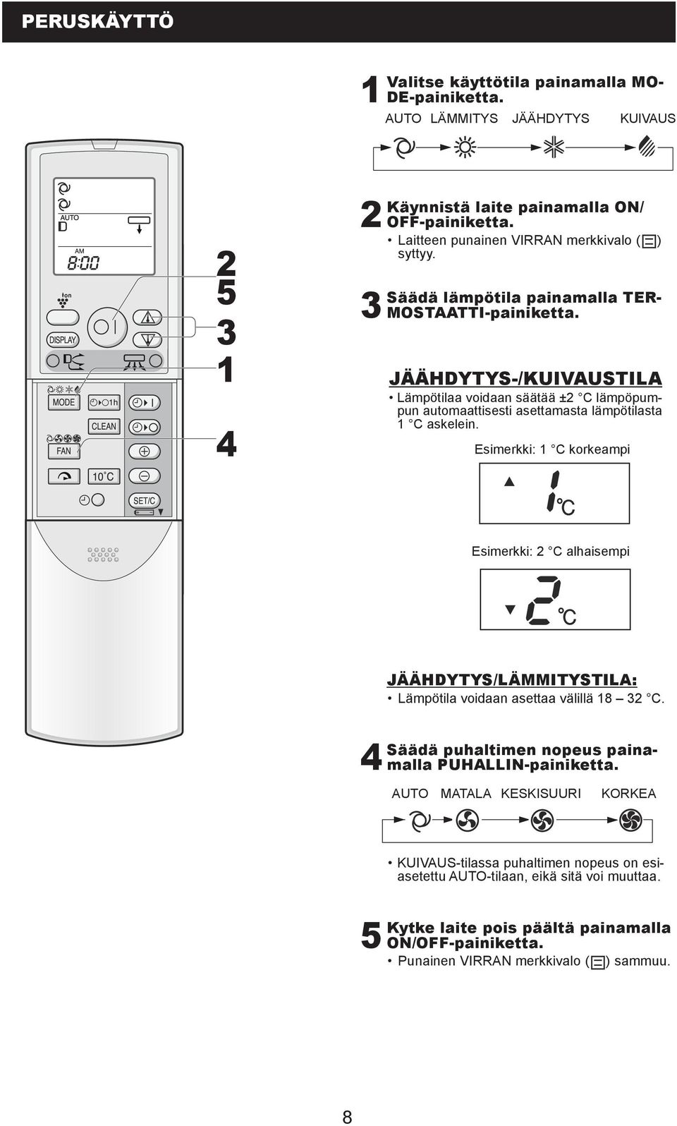 JÄÄHDYTYS-/KUIVAUSTILA Lämpötilaa voidaan säätää ± C lämpöpumpun automaattisesti asettamasta lämpötilasta C askelein.