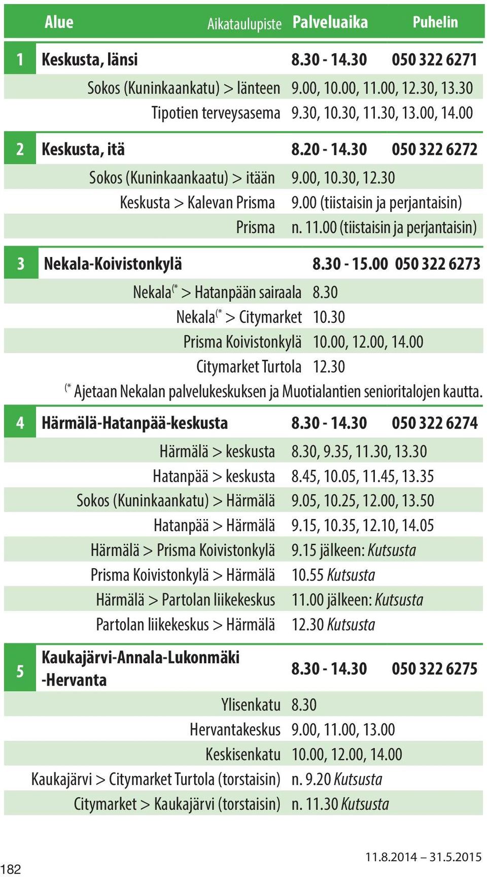 00 (tiistaisin ja perjantaisin) 3 Nekala-Koivistonkylä 8.30-15.00 050 322 6273 Nekala (* > Hatanpään sairaala 8.30 Nekala (* > Citymarket 10.30 Prisma Koivistonkylä 10.00, 12.00, 14.