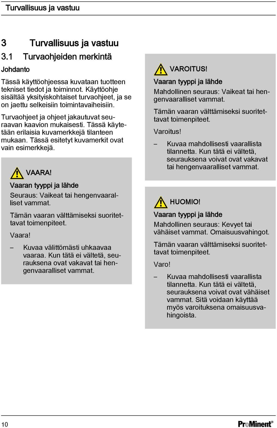 Tässä käytetään erilaisia kuvamerkkejä tilanteen mukaan. Tässä esitetyt kuvamerkit ovat vain esimerkkejä. VAARA! Vaaran tyyppi ja lähde Seuraus: Vaikeat tai hengenvaaralliset vammat.