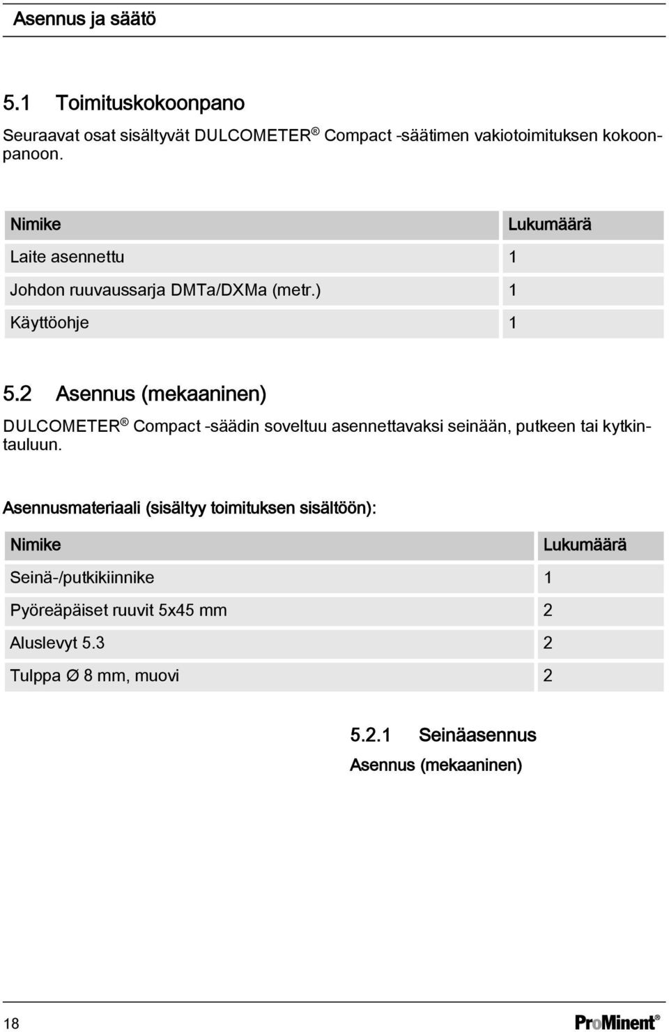 2 Asennus (mekaaninen) DULCOMETER Compact -säädin soveltuu asennettavaksi seinään, putkeen tai kytkintauluun.