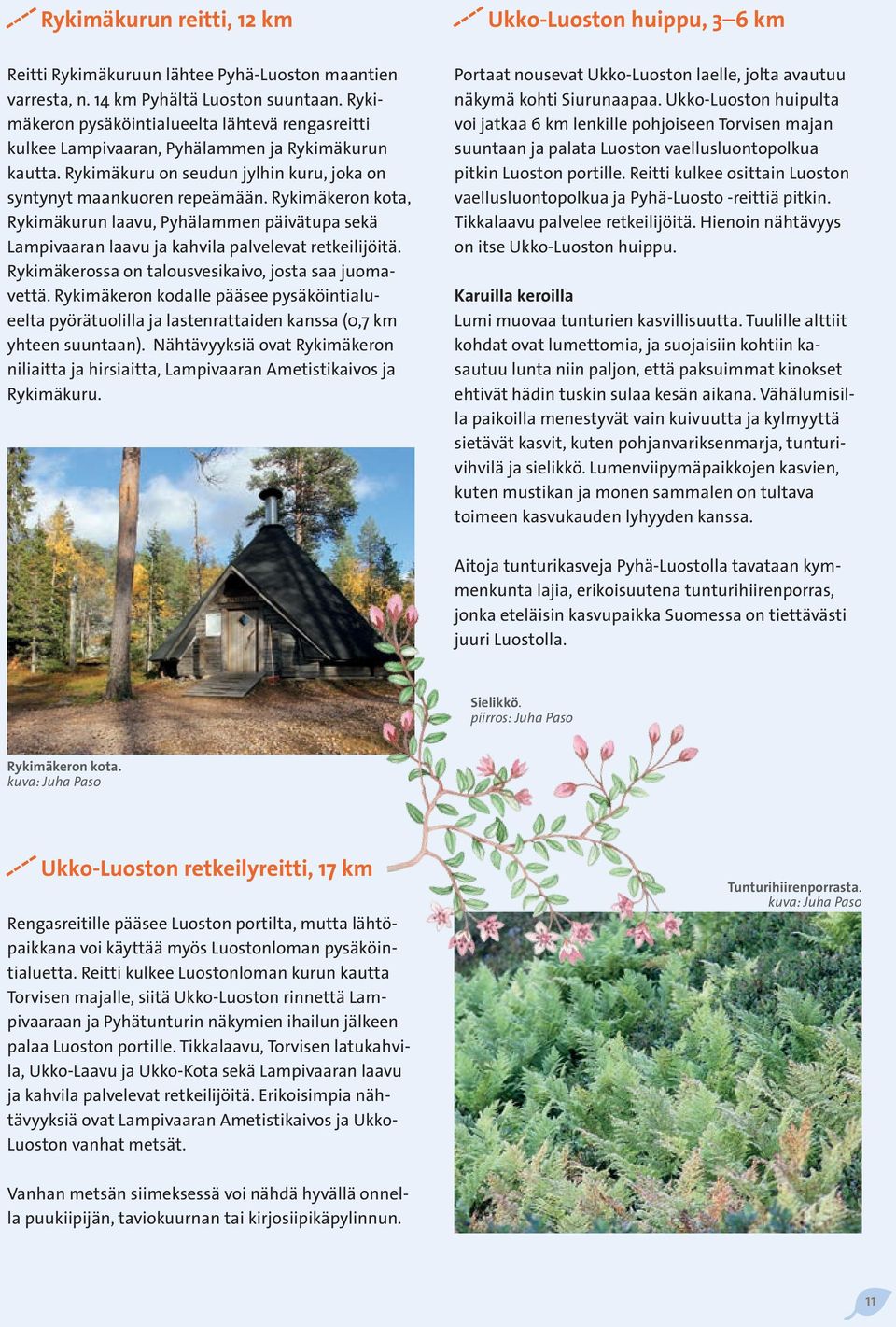 Rykimäkeron kota, Rykimäkurun laavu, Pyhälammen päivätupa sekä Lampivaaran laavu ja kahvila palvelevat retkeilijöitä. Rykimäkerossa on talousvesikaivo, josta saa juomavettä.