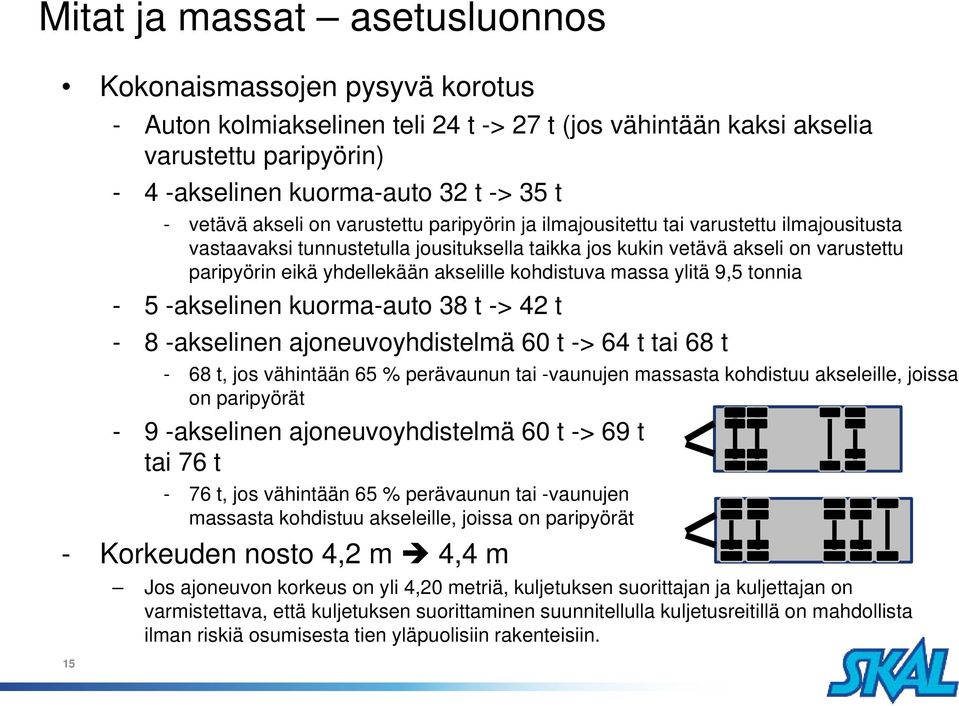 akselille kohdistuva massa ylitä 9,5 tonnia - 5 -akselinen kuorma-auto 38 t -> 42 t - 8 -akselinen ajoneuvoyhdistelmä 60 t -> 64 t tai 68 t - 68 t, jos vähintään 65 % perävaunun tai -vaunujen