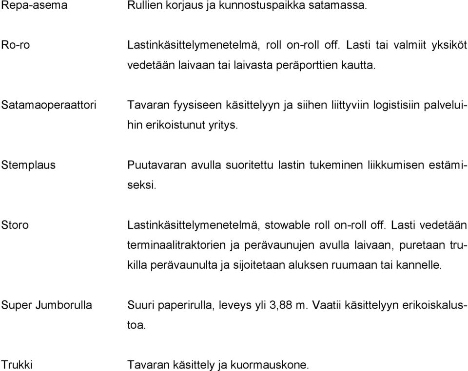 Satamaoperaattori Tavaran fyysiseen käsittelyyn ja siihen liittyviin logistisiin palveluihin erikoistunut yritys.