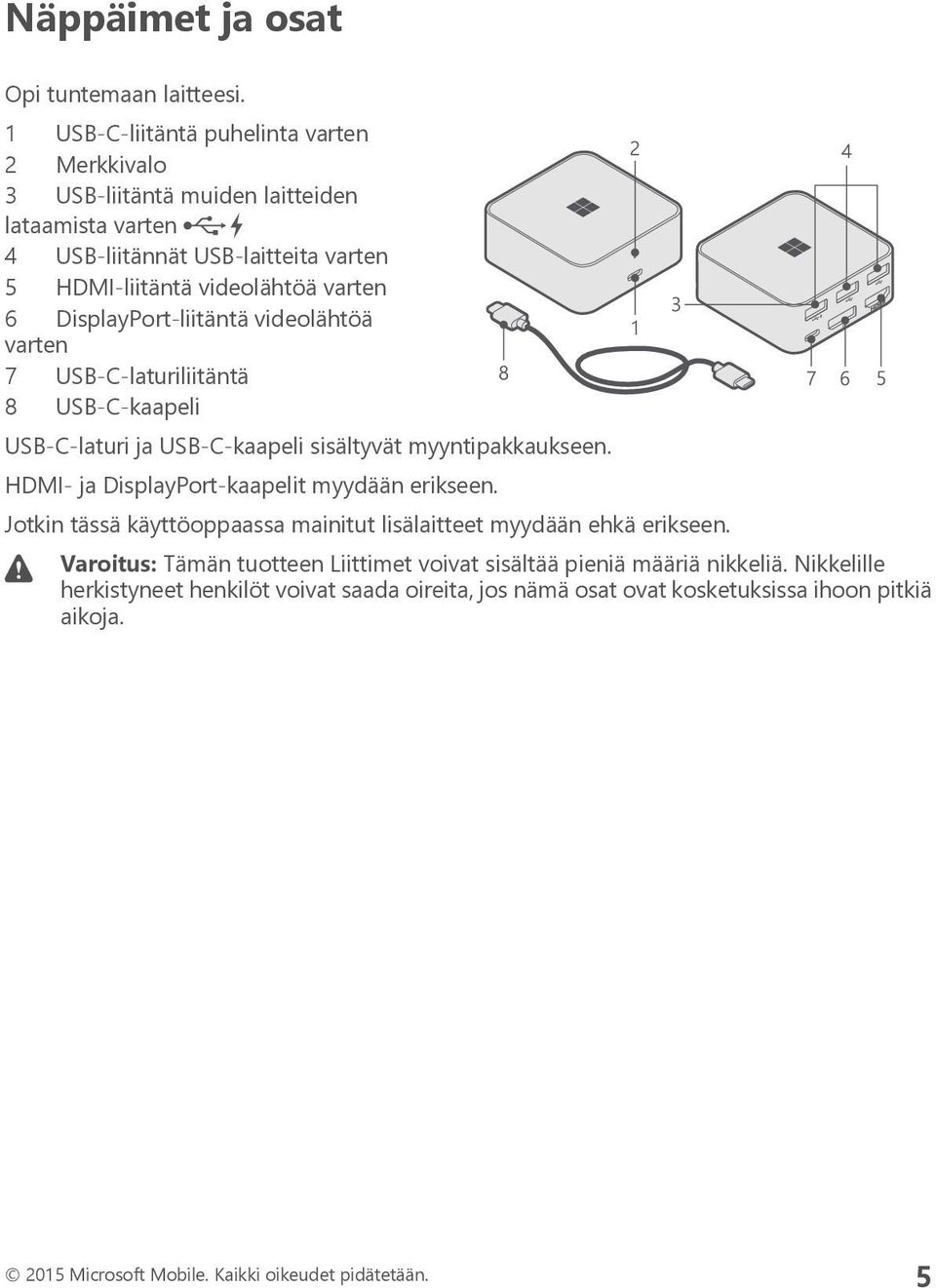 DisplayPort-liitäntä videolähtöä varten 7 USB-C-laturiliitäntä 8 USB-C-kaapeli USB-C-laturi ja USB-C-kaapeli sisältyvät myyntipakkaukseen.