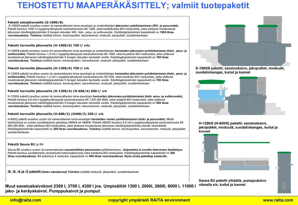 Paketti koostuu 1900 l:n tyyppihyväksytystä saostuskaivosta SK 1900, sekä kahdeksasta BIO-moduulista, jotka yhdessä muodostavat jätevesien käsittelyjärjestelmän hengen talouden WC- tiski-, pesu- ja