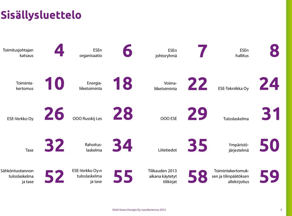 50 Rahoituslaskelma Liitetiedot Ympäristöjärjestelmä Sähköntuotannon tuloslaskelma 52 55 ja tase ESE-Verkko Oy:n Tilikauden 2013 58