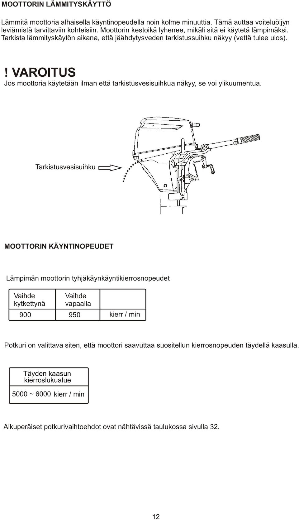 ! VAROITUS Jos moottoria käytetään ilman että tarkistusvesisuihkua näkyy, se voi ylikuumentua.