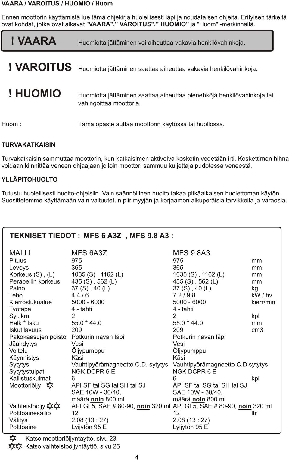 ! VAROITUS Huomiotta jättäminen saattaa aiheuttaa vakavia henkilövahinkoja.! HUOMIO Huomiotta jättäminen saattaa aiheuttaa pienehköjä henkilövahinkoja tai vahingoittaa moottoria.