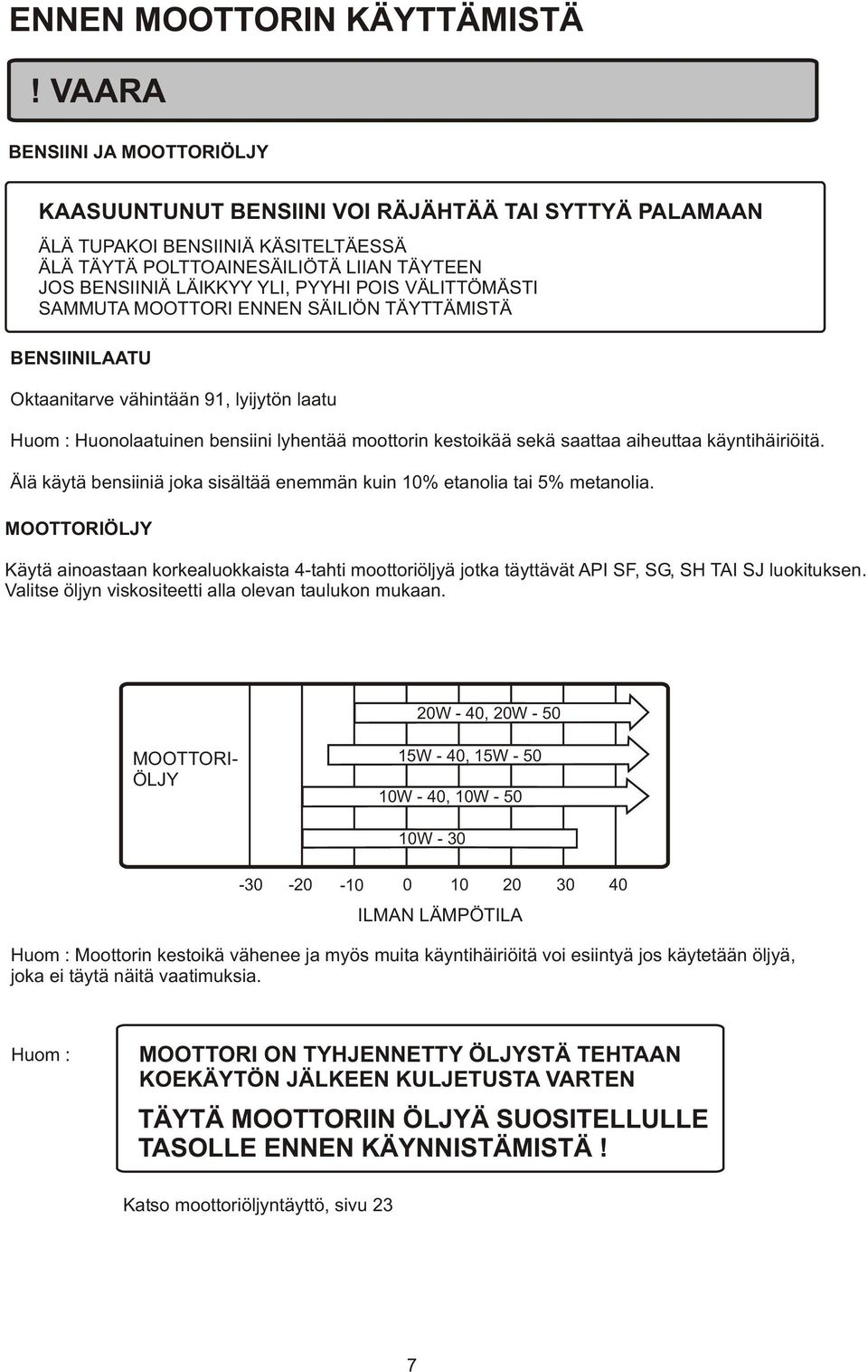 POIS VÄLITTÖMÄSTI SAMMUTA MOOTTORI ENNEN SÄILIÖN TÄYTTÄMISTÄ BENSIINILAATU Oktaanitarve vähintään 91, lyijytön laatu Huom : Huonolaatuinen bensiini lyhentää moottorin kestoikää sekä saattaa aiheuttaa