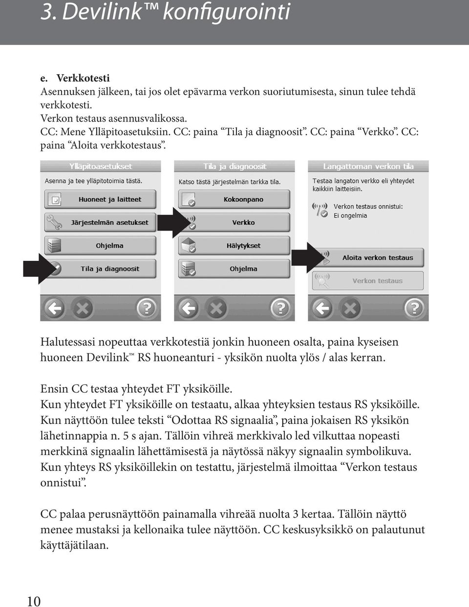 Halutessasi nopeuttaa verkkotestiä jonkin huoneen osalta, paina kyseisen huoneen Devilink RS huoneanturi - yksikön nuolta ylös / alas kerran. Ensin CC testaa yhteydet FT yksiköille.