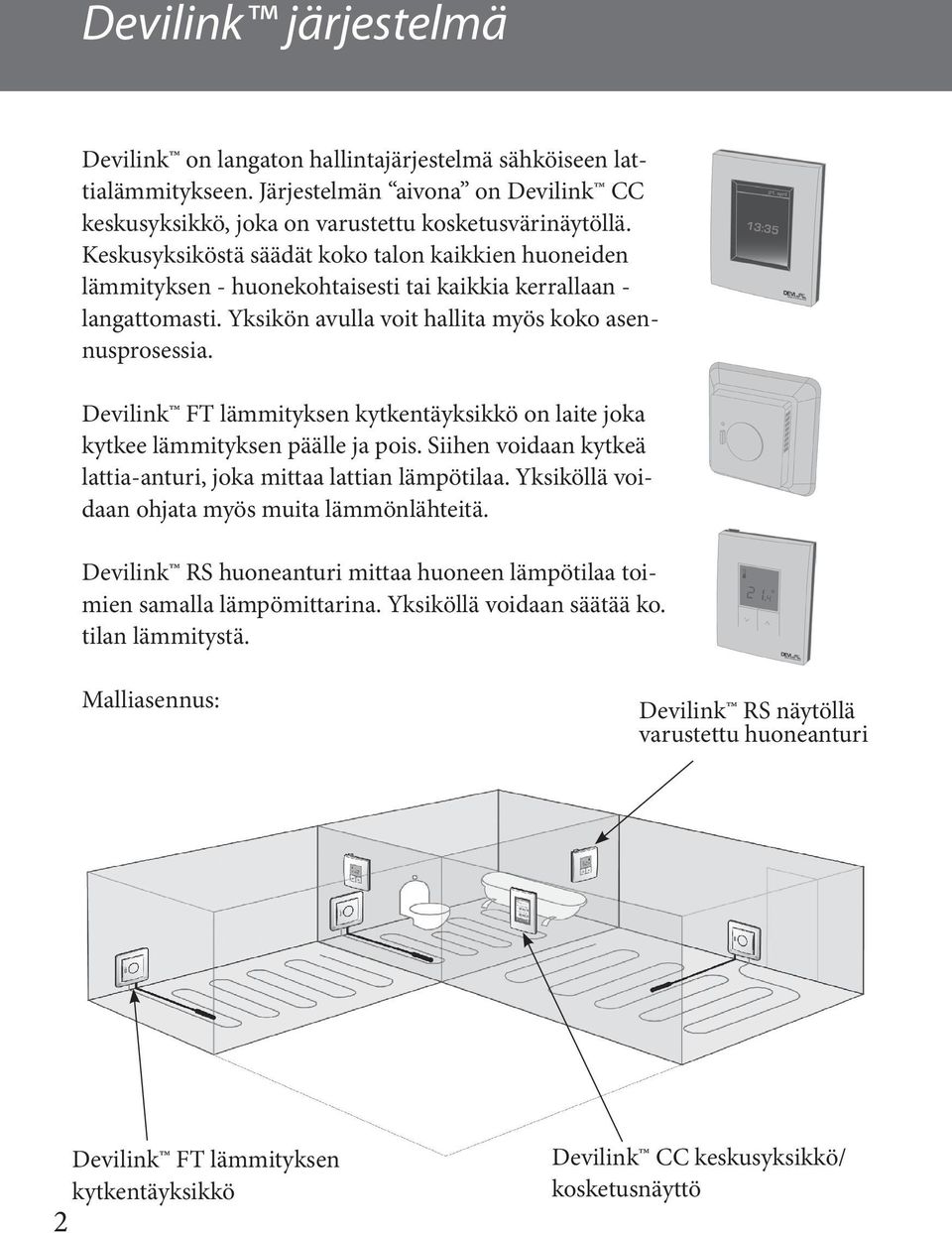 Devilink FT lämmityksen kytkentäyksikkö on laite joka kytkee lämmityksen päälle ja pois. Siihen voidaan kytkeä lattia-anturi, joka mittaa lattian lämpötilaa.