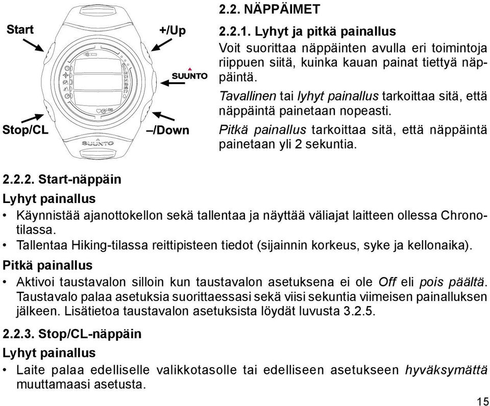 sekuntia. 2.2.2. Start-näppäin Lyhyt painallus Käynnistää ajanottokellon sekä tallentaa ja näyttää väliajat laitteen ollessa Chronotilassa.