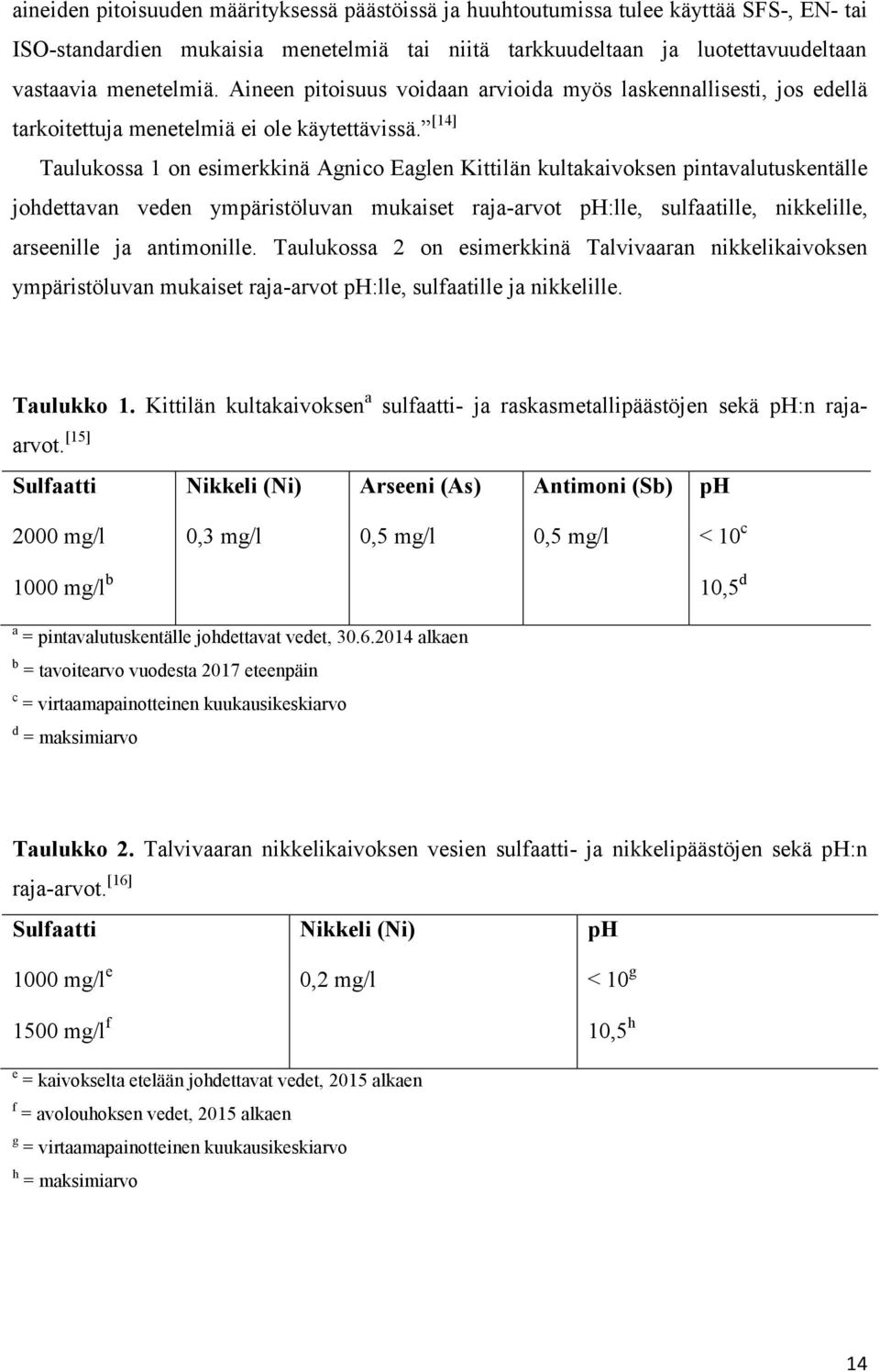 [14] Taulukossa 1 on esimerkkinä Agnico Eaglen Kittilän kultakaivoksen pintavalutuskentälle johdettavan veden ympäristöluvan mukaiset raja-arvot ph:lle, sulfaatille, nikkelille, arseenille ja