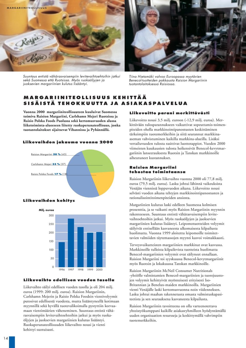 MARGARIINITEOLLISUUS KEHITTÄÄ SISÄISTÄ TEHOKKUUTTA JA ASIAKASPALVELUA Vuonna 2000 margariiniteollisuuteen kuuluivat Suomessa toimiva Raision Margariini, Carlshamn Mejeri Ruotsissa ja Raisio Polska