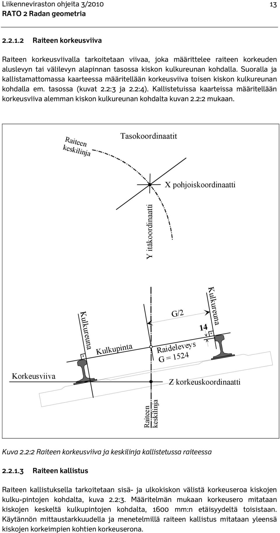 Suoralla ja kallistamattomassa kaarteessa määritellään korkeusviiva toisen kiskon kulkureunan kohdalla em. tasossa (kuvat 2.2:3 ja 2.2:4).