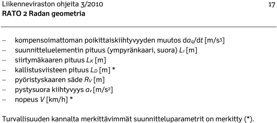 [m] kallistusviisteen pituus LD [m] * pyöristyskaaren säde RV [m] pystysuora kiihtyvyys av