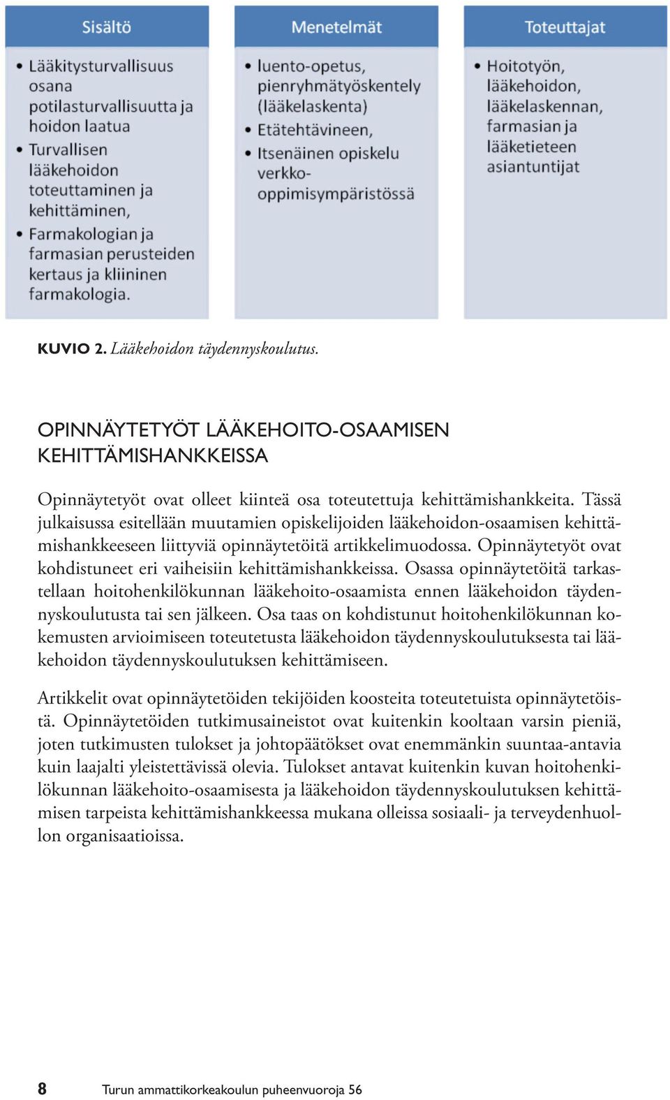 Opinnäytetyöt ovat kohdistuneet eri vaiheisiin kehittämishankkeissa. Osassa opinnäytetöitä tarkastellaan hoitohenkilökunnan lääkehoito-osaamista ennen lääkehoidon täydennyskoulutusta tai sen jälkeen.