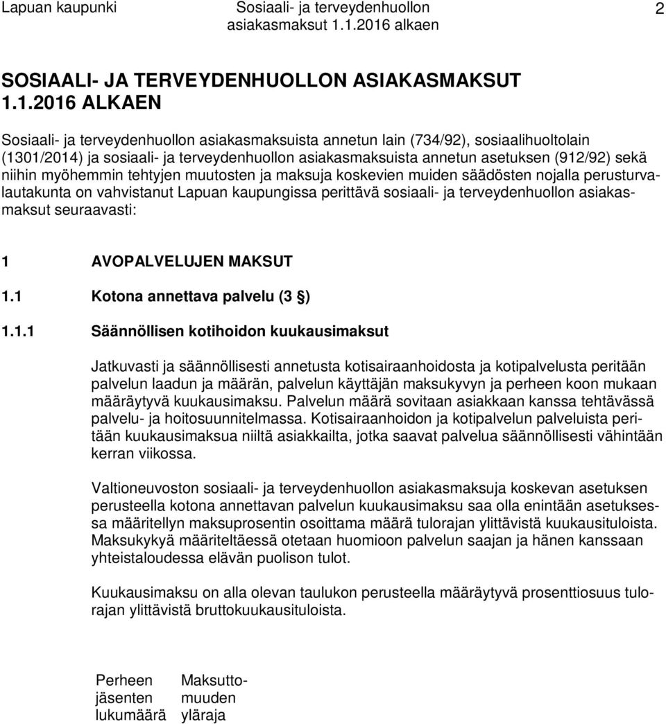 muutosten ja maksuja koskevien muiden säädösten nojalla perusturvalautakunta on vahvistanut Lapuan kaupungissa perittävä sosiaali- ja terveydenhuollon asiakasmaksut seuraavasti: 1 AVOPALVELUJEN