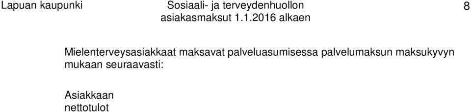 32 % nettotuloista (256 288 ) 30 % nettotuloista (240 270 ) yli 900 37 % nettotuloista (333 - ) 35 % nettotuloista (315 - ) Tuetussa asumisessa palvelumaksuna peritään edellä olevan palveluasumisen