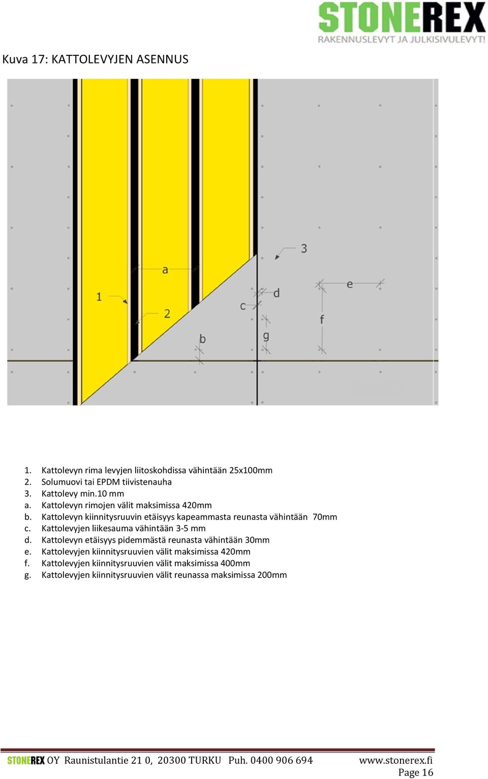 Kattolevyn kiinnitysruuvin etäisyys kapeammasta reunasta vähintään 70mm c. Kattolevyjen liikesauma vähintään 3-5 mm d.