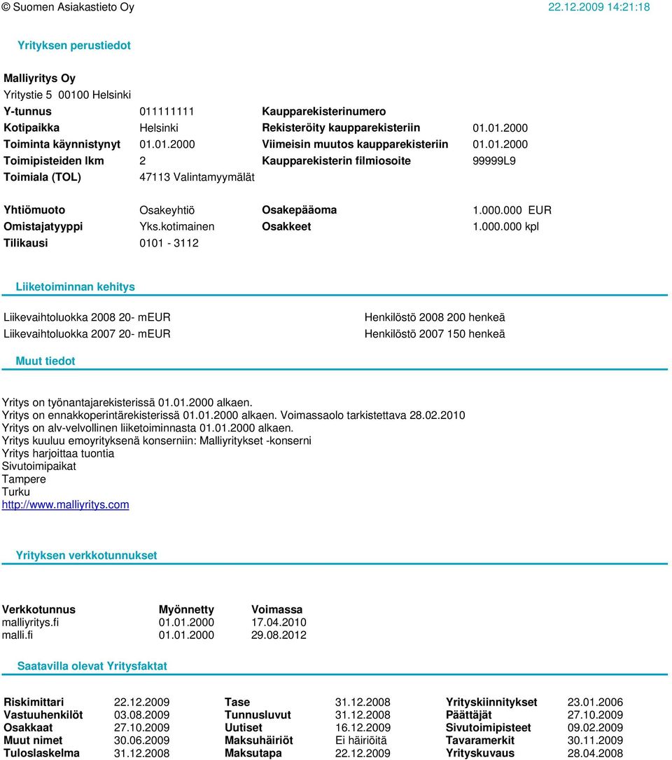 01.2000 Viimeisin muutos kaupparekisteriin 01.01.2000 Toimipisteiden lkm 2 Kaupparekisterin filmiosoite 99999L9 Toimiala (TOL) 47113 Valintamyymälät Yhtiömuoto Osakeyhtiö Osakepääoma 1.000.000 EUR Omistajatyyppi Yks.