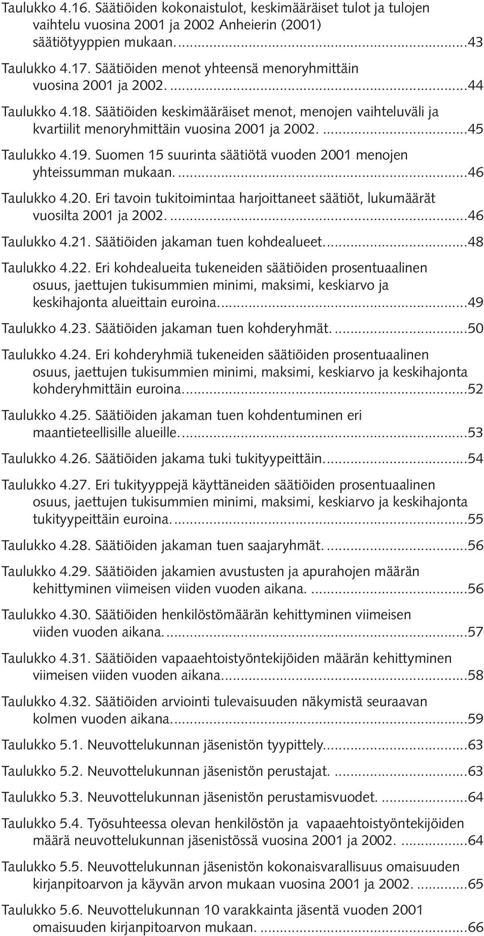 ...45 Taulukko 4.19. Suomen 15 suurinta säätiötä vuoden 2001 menojen yhteissumman mukaan....46 Taulukko 4.20. Eri tavoin tukitoimintaa harjoittaneet säätiöt, lukumäärät vuosilta 2001 ja 2002.