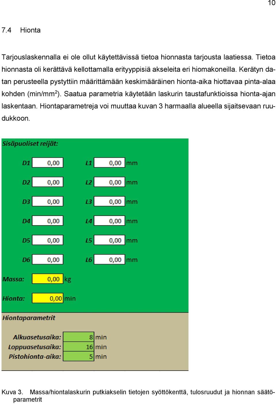 Kerätyn datan perusteella pystyttiin määrittämään keskimääräinen hionta-aika hiottavaa pinta-alaa kohden (min/mm 2 ).