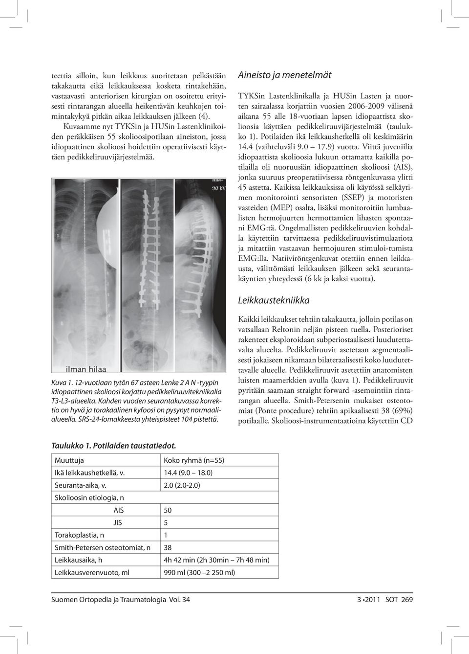 Kuvaamme nyt TYKSin ja HUSin Lastenklinikoiden peräkkäisen 55 skolioosipotilaan aineiston, jossa idiopaattinen skolioosi hoidettiin operatiivisesti käyttäen pedikkeliruuvijärjestelmää.
