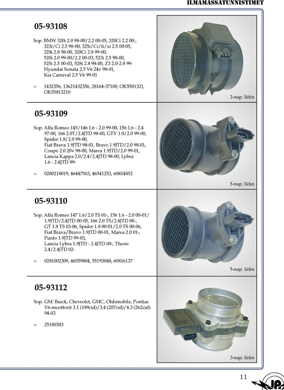 Alfa Romeo 145/146 1.6-2.0 99-00, 156 1.6-2.4 97-00, 166 2.0T/2.4JTD 98-00, GTV 1.8/2.0 99-00, Spider 1.8/2.0 99-00, Fiat Brava 1.9JTD 98-01, Bravo 1.9JTD/2.0 98-01, Coupe 2.0 20v 98-00, Marea 1.