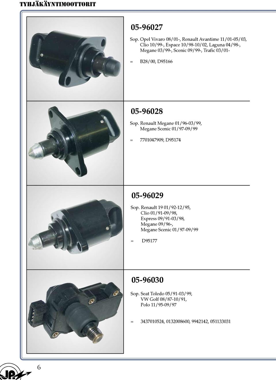 Trafic 03/01- = B28/00, D95166 05-96028 Sop. Renault Megane 01/96-03/99, Megane Scenic 01/97-09/99 = 7701047909, D95174 05-96029 Sop.