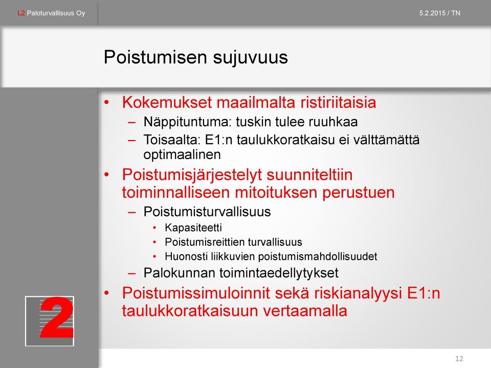 perustuen Poistumisturvallisuus Kapasiteetti Poistumisreittien turvallisuus Huonosti liikkuvien