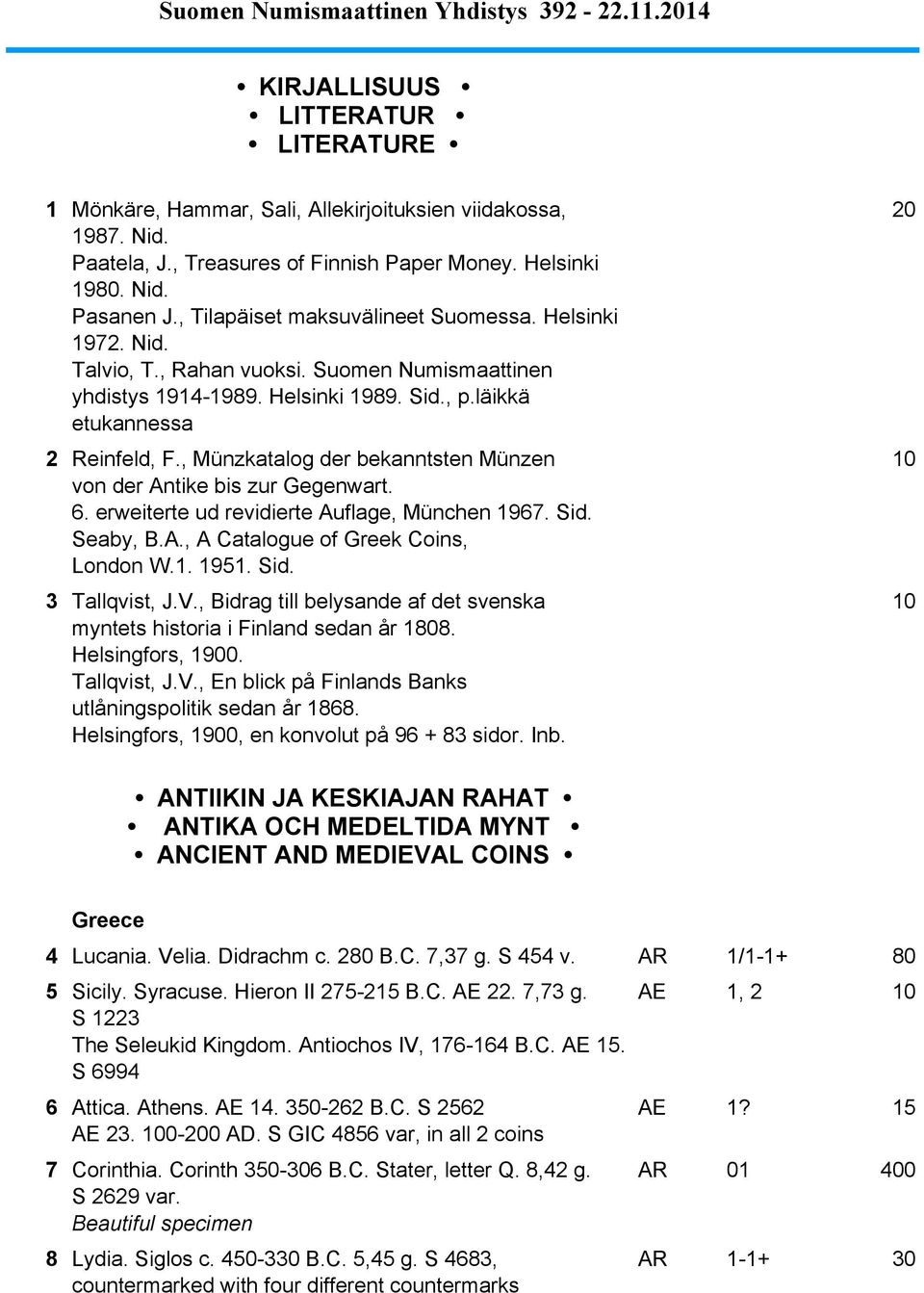 , Münzkatalog der bekanntsten Münzen von der Antike bis zur Gegenwart. 6. erweiterte ud revidierte Auflage, München 1967. Sid. Seaby, B.A., A Catalogue of Greek Coins, London W.1. 1951. Sid. 10 3 Tallqvist, J.