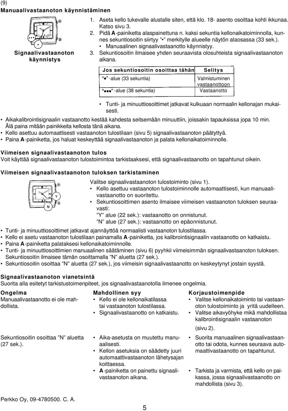 Sekuntiosoitin ilmaisee yhden seuraavista olosuhteista signaalivastaanoton käynnistys aikana.