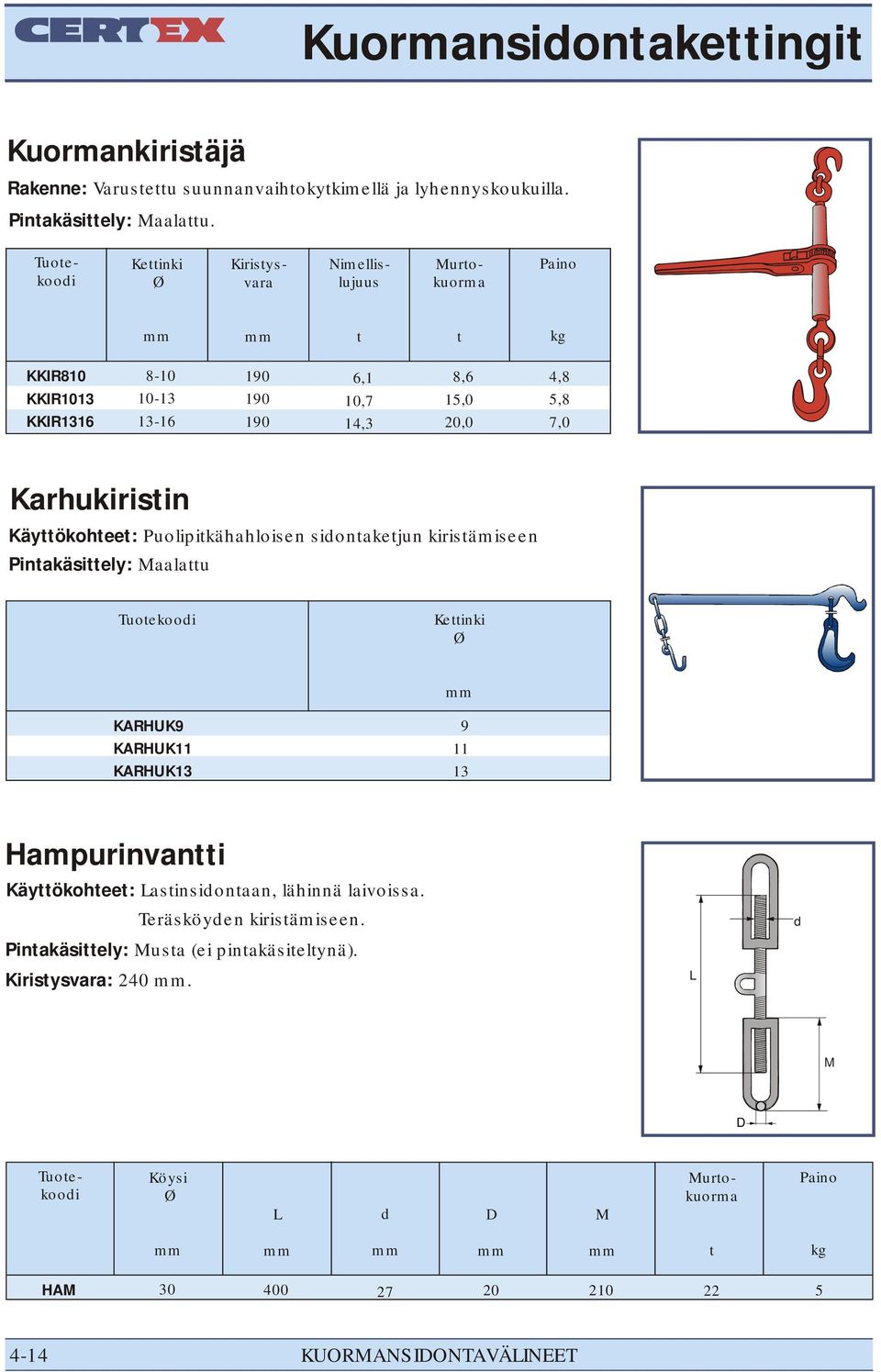 Käyttökohteet: Puolipitkähahloisen sidontaketjun kiristämiseen Pintakäsittely: Maalattu Kettinki Ø KARHUK9 KARHUK11 KARHUK13 9 11 13 Hampurinvantti Käyttökohteet: