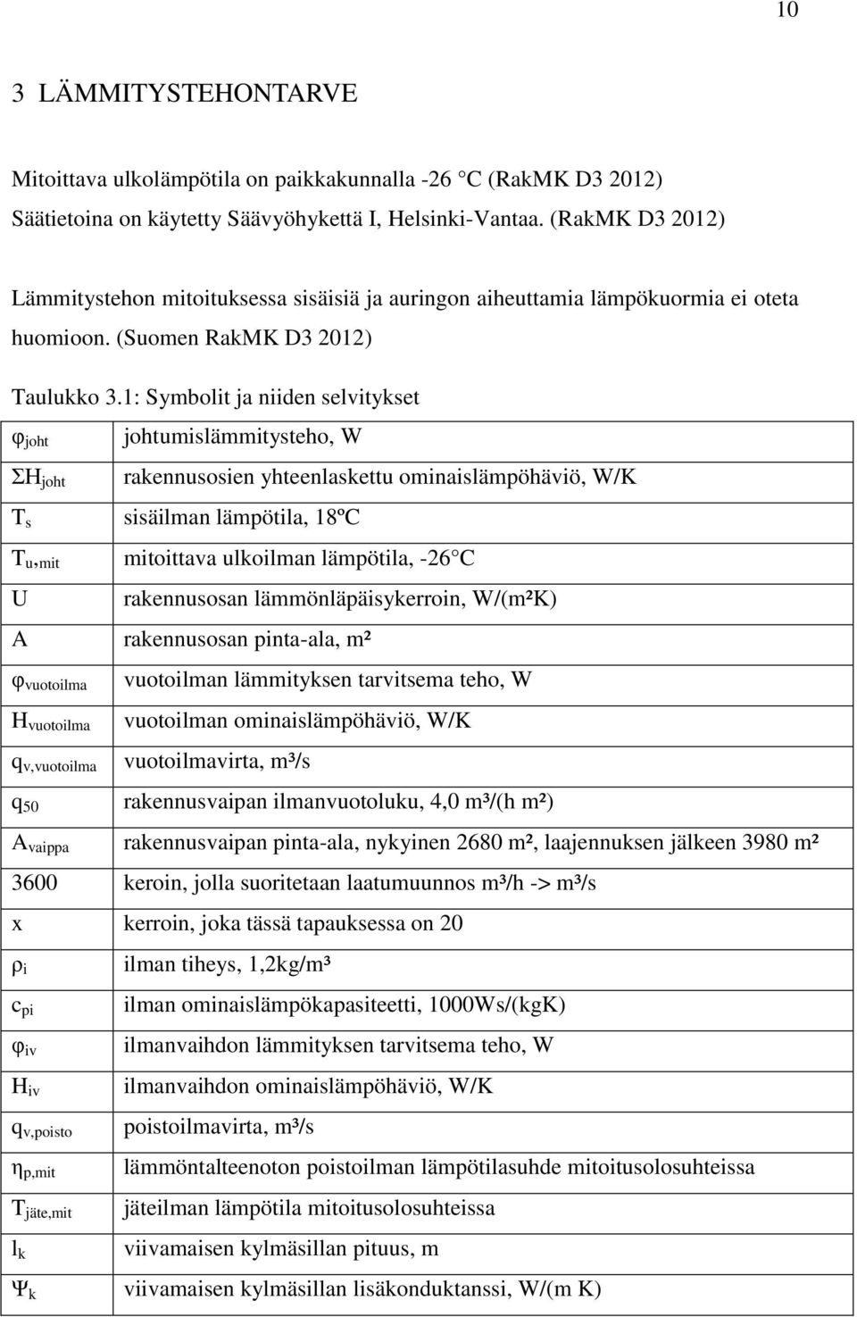 1: Symbolit ja niiden selvitykset φ joht ΣH joht johtumislämmitysteho, W rakennusosien yhteenlaskettu ominaislämpöhäviö, W/K T s sisäilman lämpötila, 18ºC T u, mit mitoittava ulkoilman lämpötila, -26