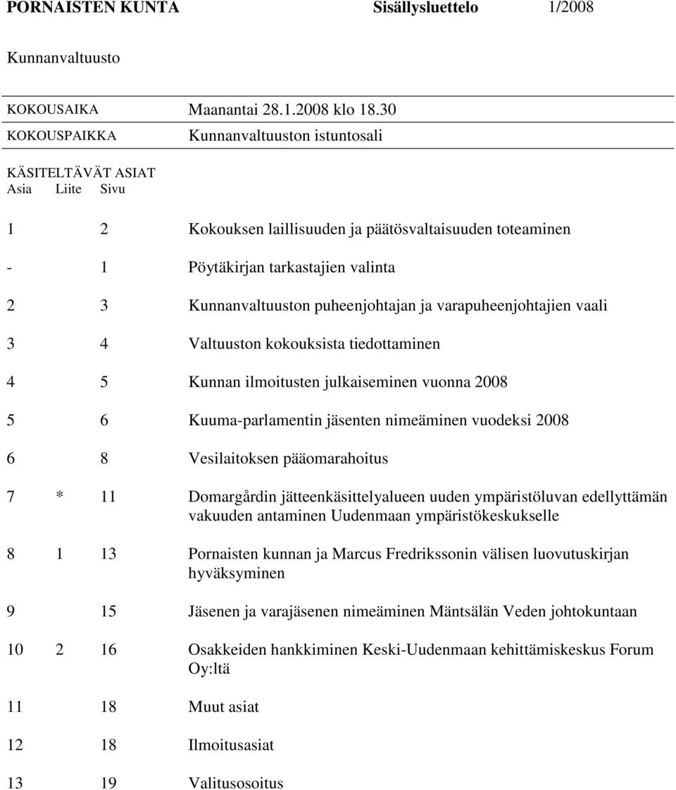 puheenjohtajan ja varapuheenjohtajien vaali 3 4 Valtuuston kokouksista tiedottaminen 4 5 Kunnan ilmoitusten julkaiseminen vuonna 2008 5 6 Kuuma-parlamentin jäsenten nimeäminen vuodeksi 2008 6 8