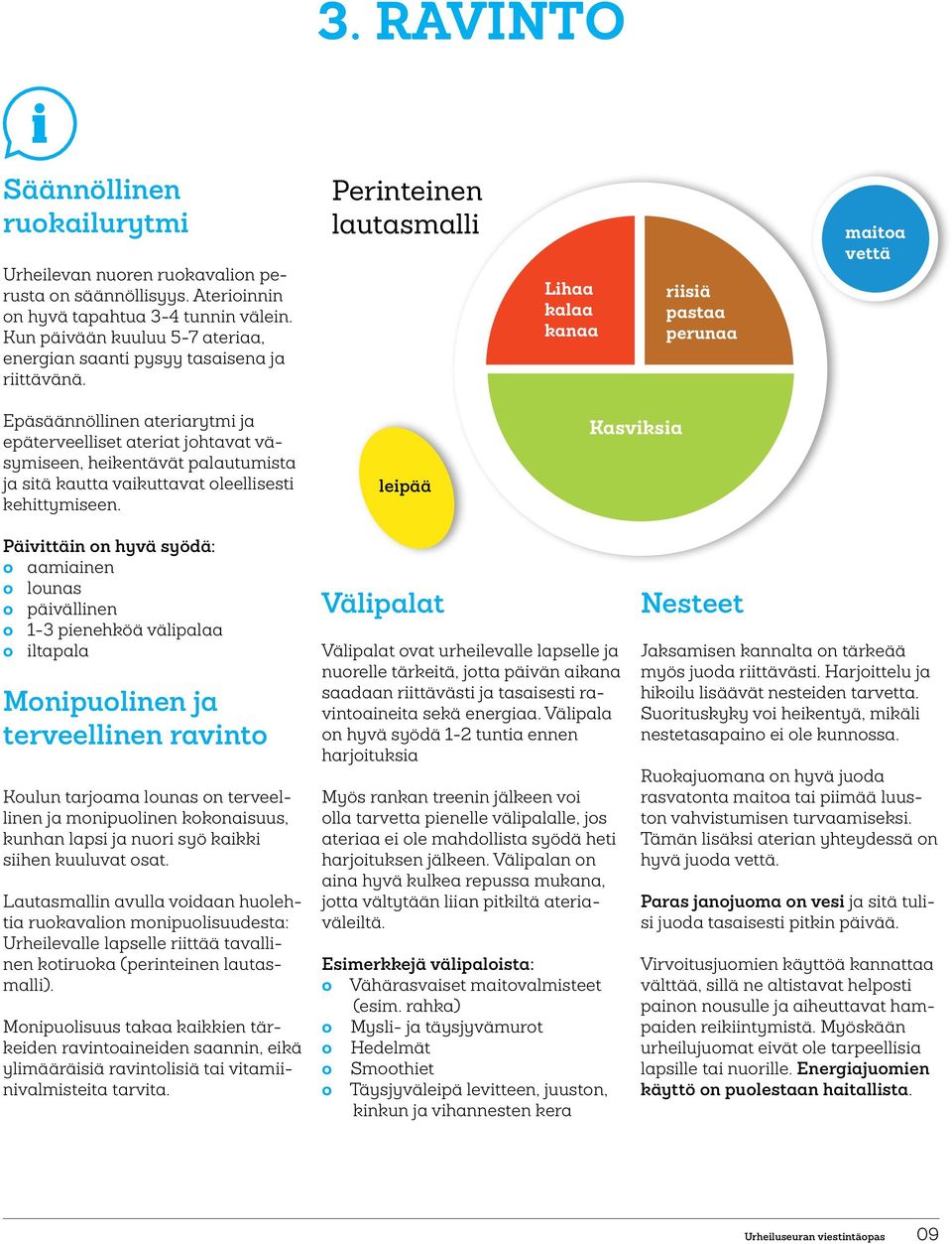 Perinteinen lautasmalli Lihaa kalaa kanaa riisiä pastaa perunaa maitoa vettä Epäsäännöllinen ateriarytmi ja epäterveelliset ateriat johtavat väsymiseen, heikentävät palautumista ja sitä kautta