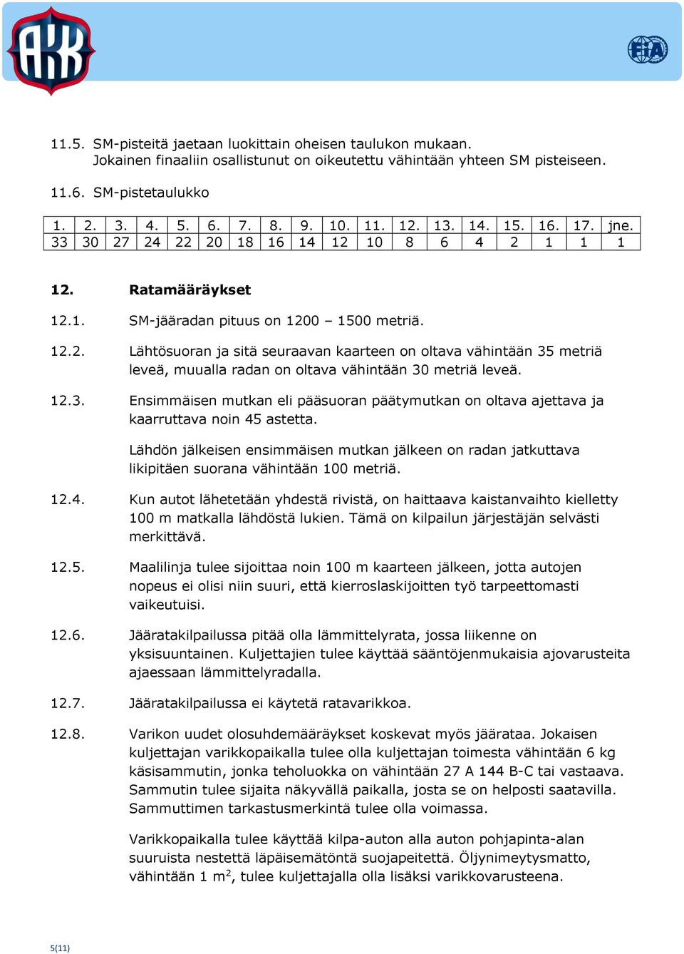 12.3. Ensimmäisen mutkan eli pääsuoran päätymutkan on oltava ajettava ja kaarruttava noin 45 astetta.